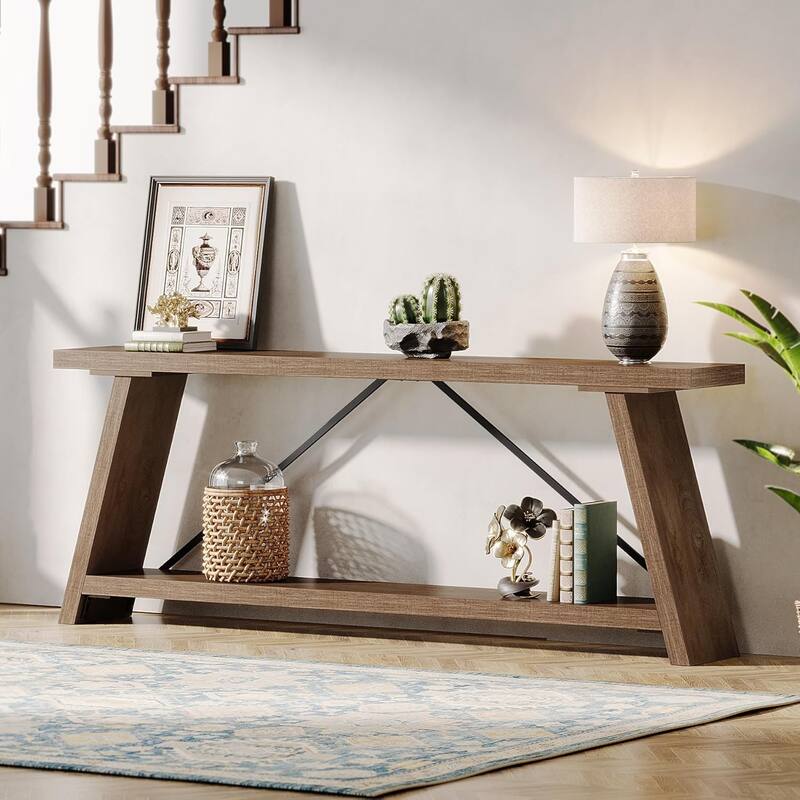 70.9 Inches Extra Long Console Table with Storage, Industrial Sofa Table Behind Couch - Light Brown