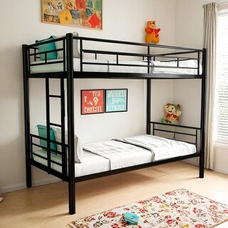 Convertible Twin over Twin Metal Bunk Bed with High Guardrail