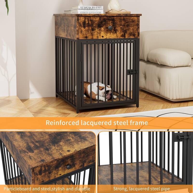 Decorative Dog Crate Dog House Dog Kennel with Drawer Indoor Pet Crate End Table for Small Dog Iron-Tube Dog Cage