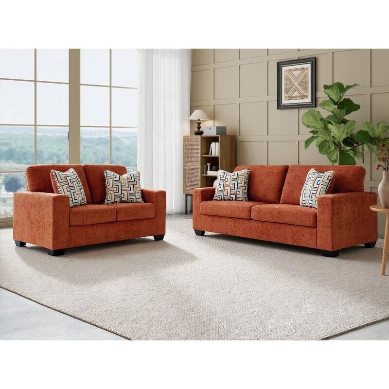 Roundhill Furniture Amoria 2-Piece Living Room Set with Four Accent Pillows, Rust Terra Chenille Upholstery