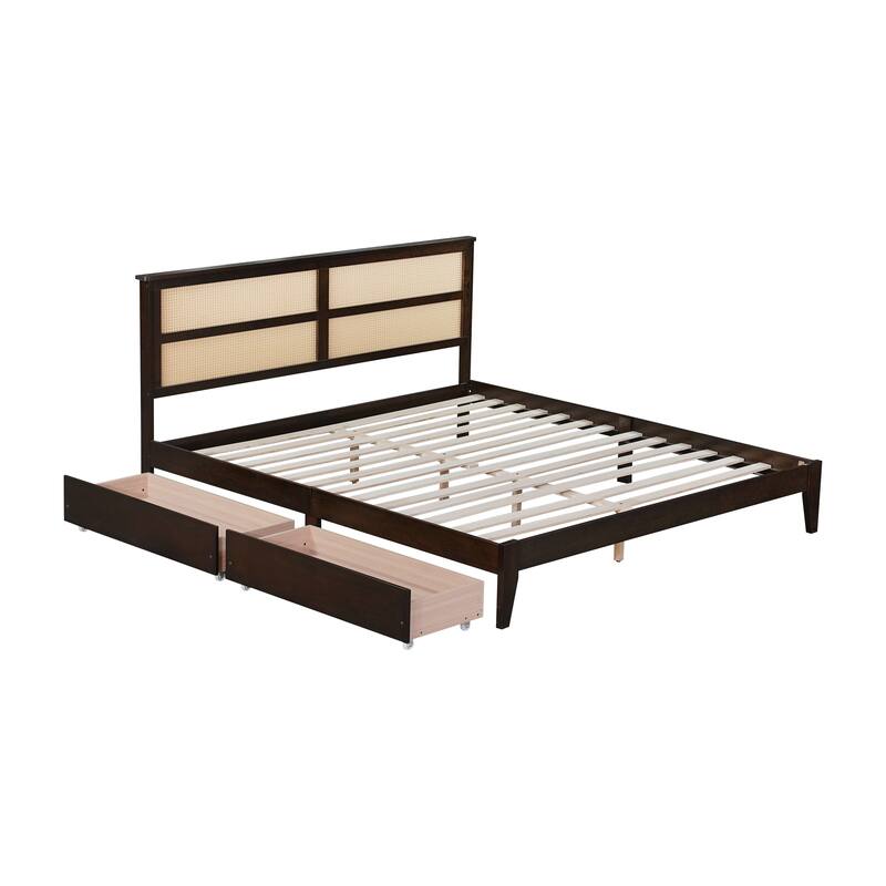 White Oak Full Size Bed with Woven Rattan Headboard, Two Storage Drawers, Rubberwood Frame