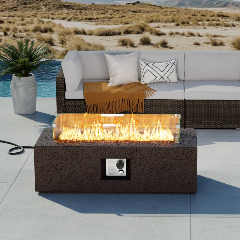 COSIEST Outdoor Rectangle Propane Fire Pit with Wind Guard, 50000BTU - Brown