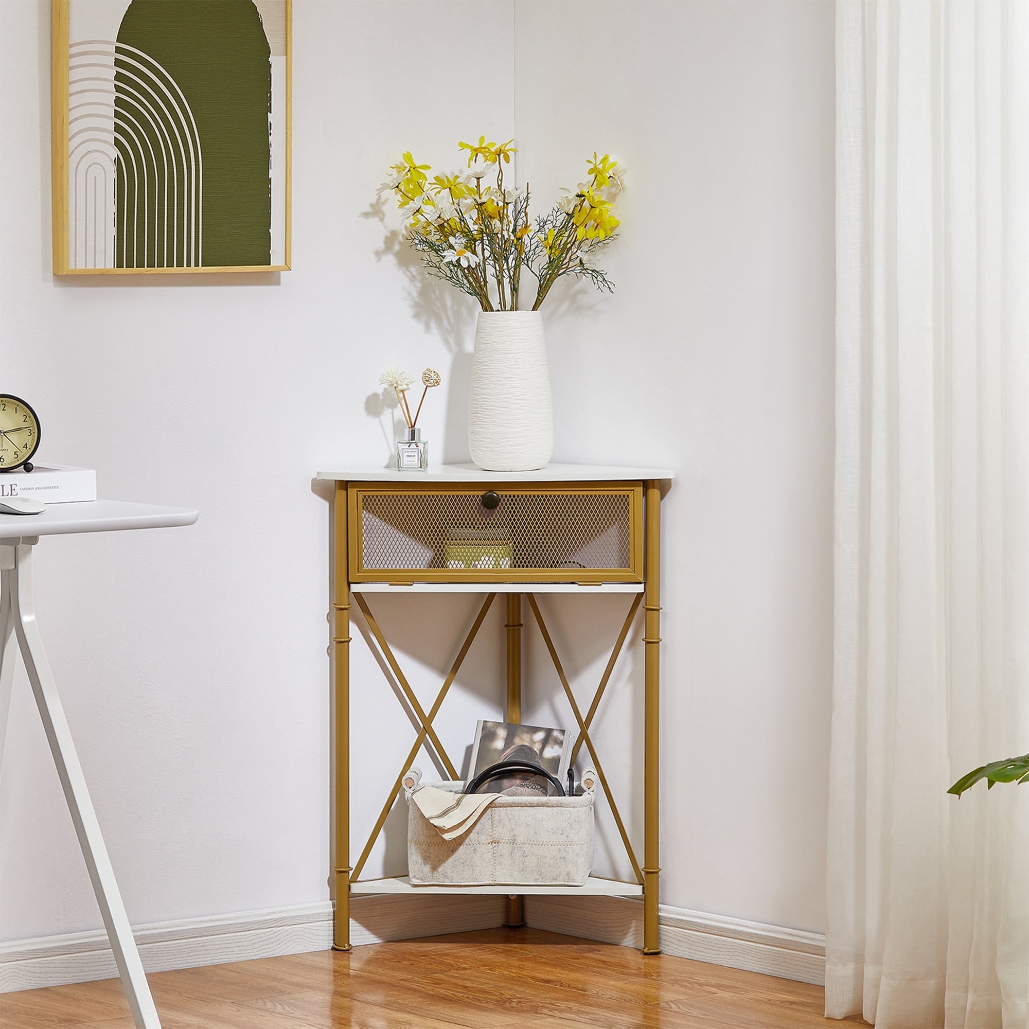 Javlergo Corner Table with Drawer and Storage Shelf Triangle