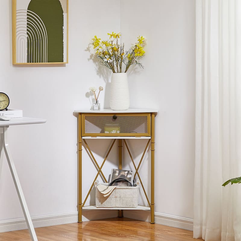 Javlergo Corner Table with Drawer and Storage Shelf Triangle Freestanding Floor Cabinet for Kitchen Living Room and Bedroom