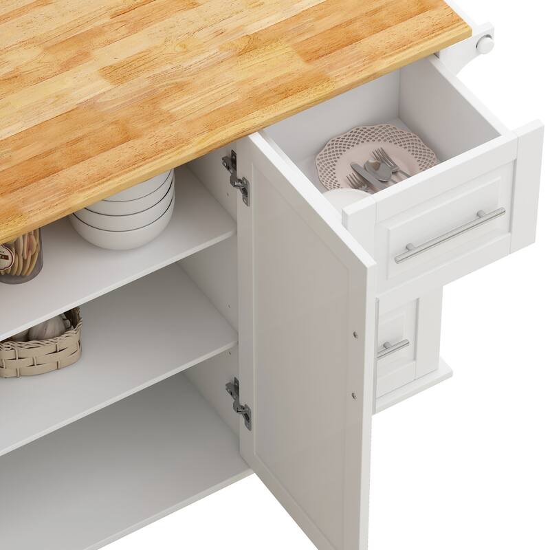 Rolling Kitchen Island Cart with Expandable Solid Wood Top, 2 Door Cabinet, 3 Drawers, Spice & Towel Rack for Kitchen Storage