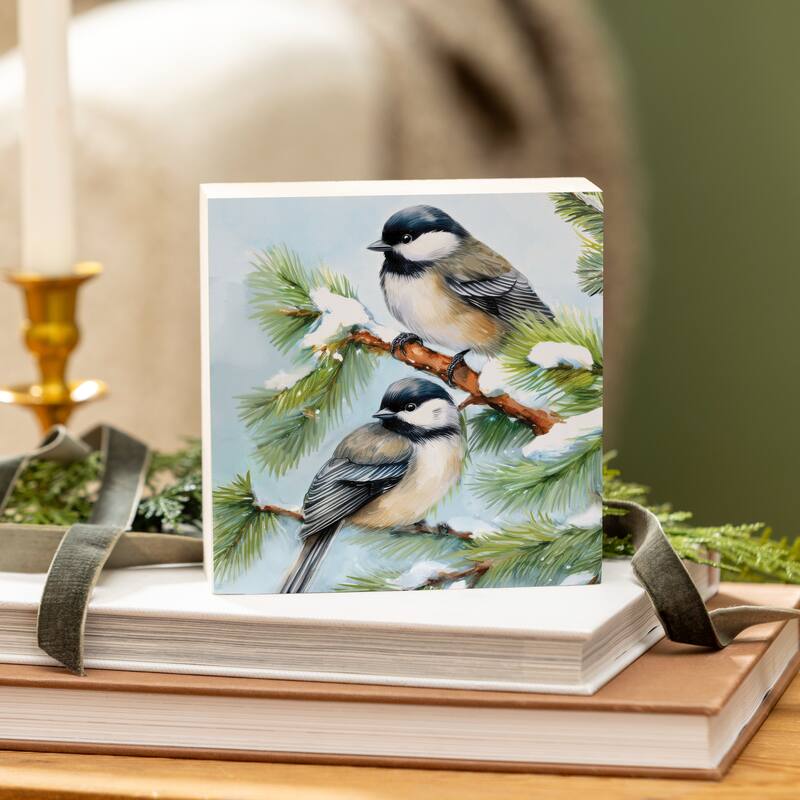 Holiday Chickadees Sign Wood Block - 6" x 6" - Multicolor