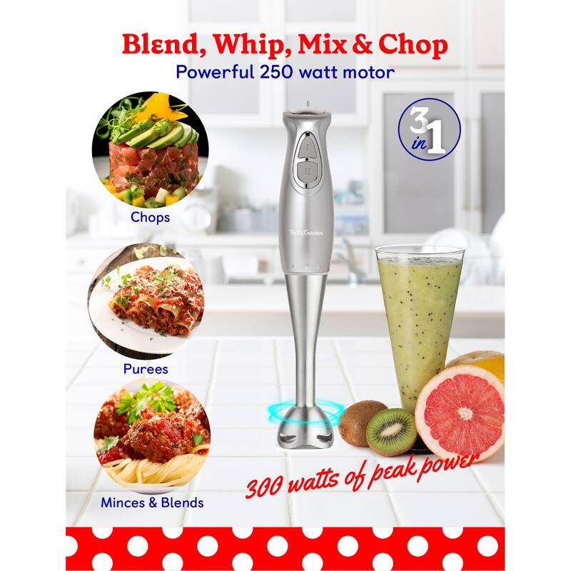 BETTY CROCKER Hand Blender with Beaker,Chopper & Whisk, Silver