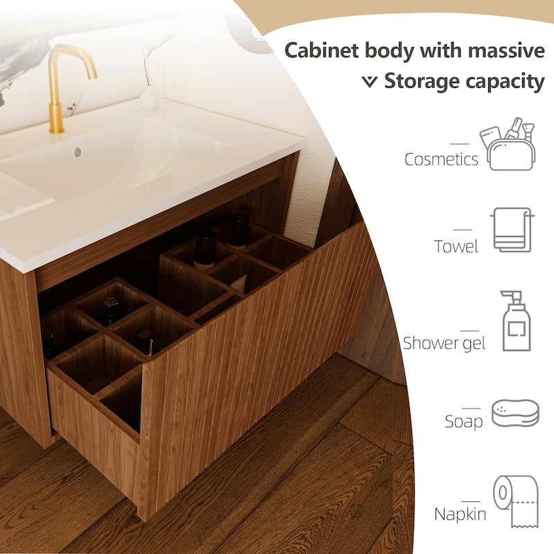 GDFStudio - Aero Modern Mid-Century Wall-Mounted Bathroom Vanity with Large Soft Close Drawer & Storage Spaces, WITHOUT Sink