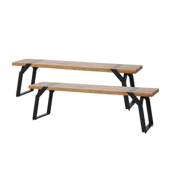 slide 2 of 20, Varva Acacia Wood and Iron Outdoor Dining Bench by Christopher Knight Home Teak-Set of 2