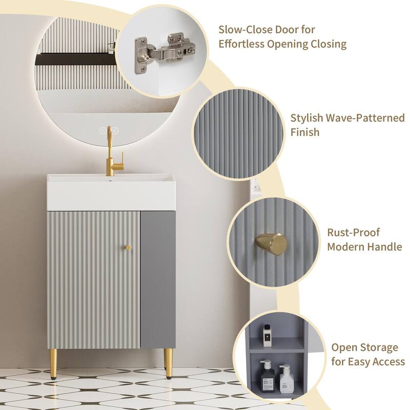 30" Bathroom Vanity with Sink, Wall-Mounted Floating Curved Edges Striped Bathroom Storage Cabinet with Drawer, Ceramic Basin