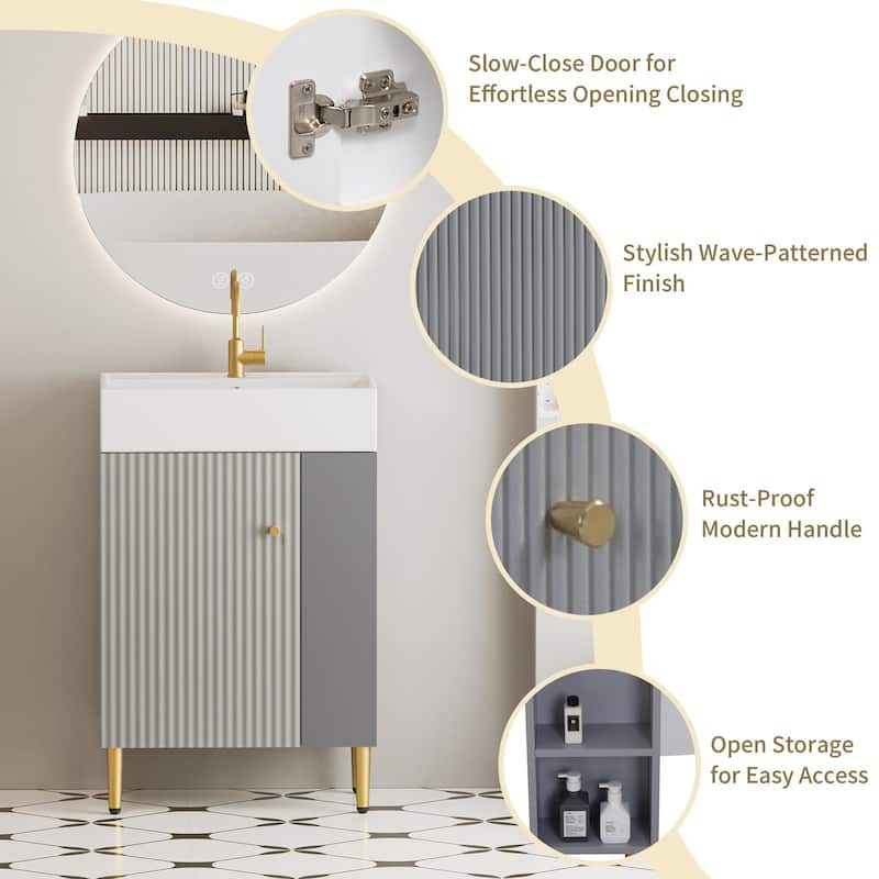 Open-shelving Bathroom Vanity with Ceramic Sink and Soft-Closing Door, Cloakroom Open Shelf Storage Cabinet on the Left Side