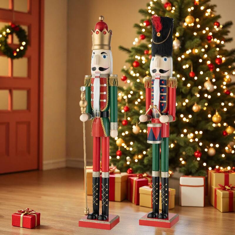 Glitzhome 42"H Set of 2 Wooden Christmas King and Soldier Nutcrackers Xmas Porch Decor