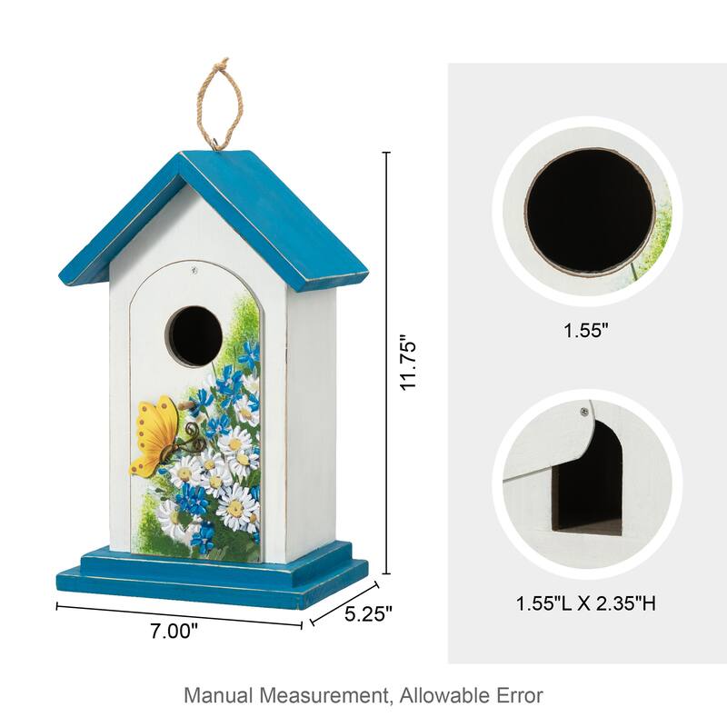 Glitzhome 11.75"H Distressed Solid Wood Daisy with Butterfly Birdhouses