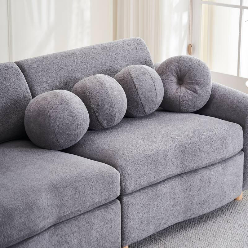 2-seater Loveseat Couch with 5 Toss Pillows and Solid Wood Legs, Chenille Upholstered Sectional Sofa, Easy Assembly,White