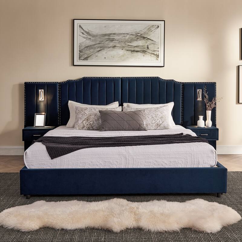 Upholstered Bed, Vertical Stripe Buttons Design Wingback Bed Frame, Velvet Fabric Platform Bed with Bedside Table