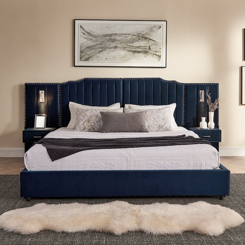 King Upholstered Wingback Platform Bed Frame with Vertical Stripe Enlarged Headboard, Adjustable Lamps & Integrated Nightstand - Dark Blue - King