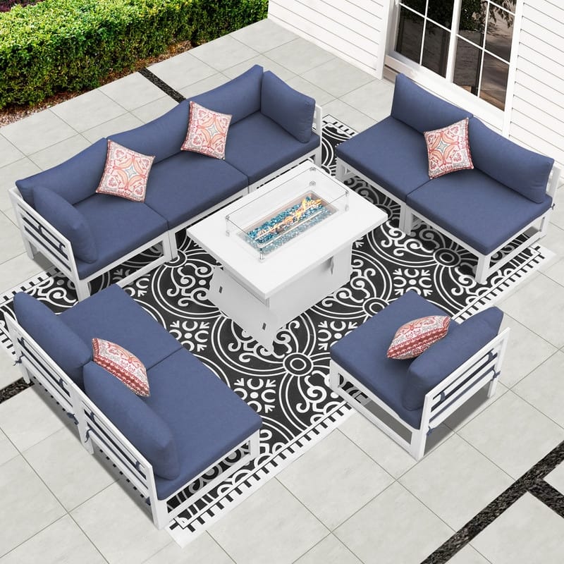 FINCATI Outdoor Furniture Aluminum Patio Set White Aluminum Outdoor Sofa with Thick Cushions and 29 Inch Deep Seat - 9 Pcs-A - Demin Blue