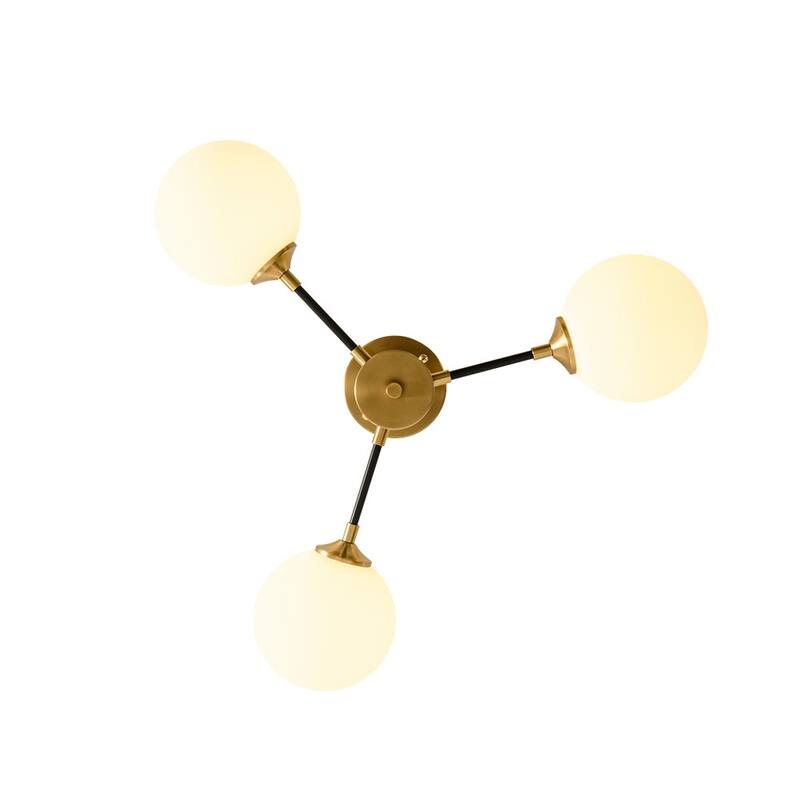 3-Light Brass Black Frosted White Glass Sputnik Semi Flush Mount - 26 Inches