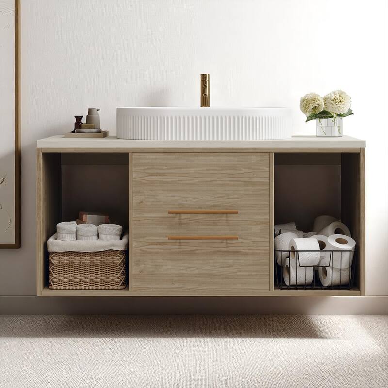 Wall-Mounted Bathroom Vanity with Ceramic Sink, 38.2" Floating Cabinet with Drawers & Shelves, Soft-Close Storage - White,Wood - 38.2" Ceramic,MDF