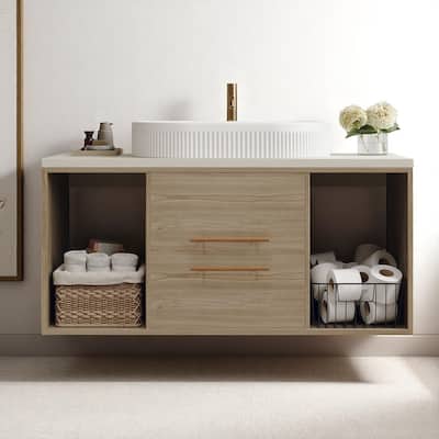 Wall-Mounted Bathroom Vanity with Ceramic Sink, 38.2" Floating Cabinet with Drawers & Shelves, Soft-Close Storage