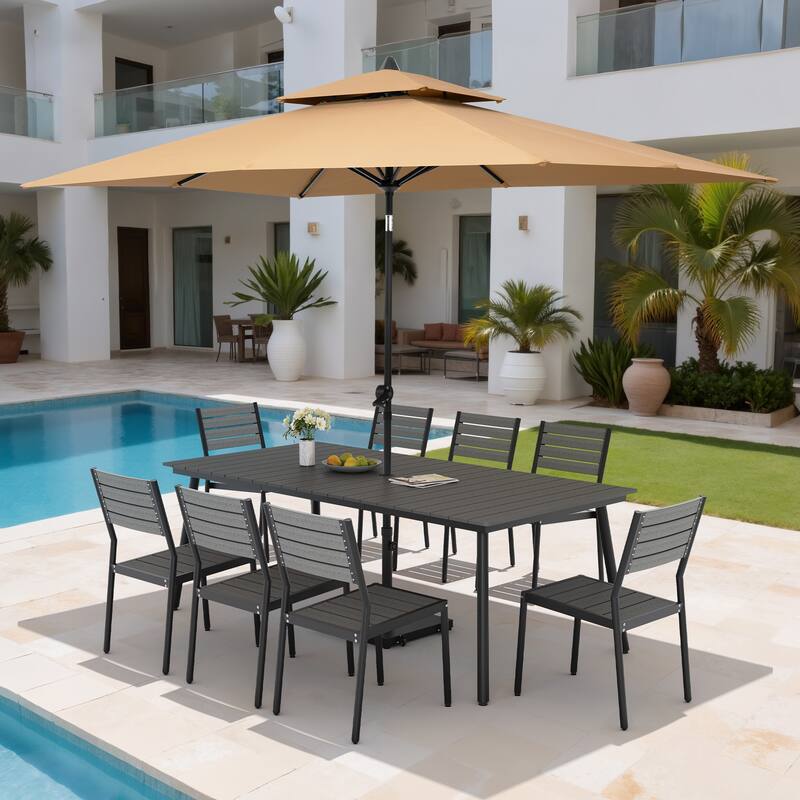 11PC Outdoor Patio Dining Set Wood-Like Aluminum Table with Stackable Chairs,Double Top Market Umbrella and Wheel Base - GreyTable&GreyChairs&TanUmbrella