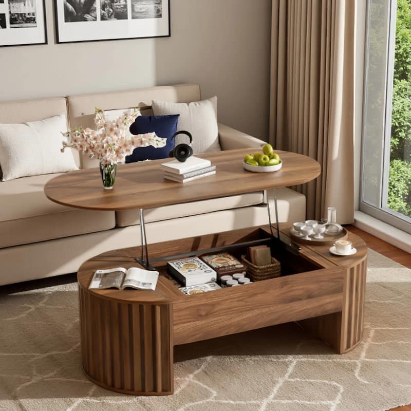 Wood Lift Top Coffee Table with Hidden Storage, 47" Oval Lift Table Top wavy grooves Design Conversation Table