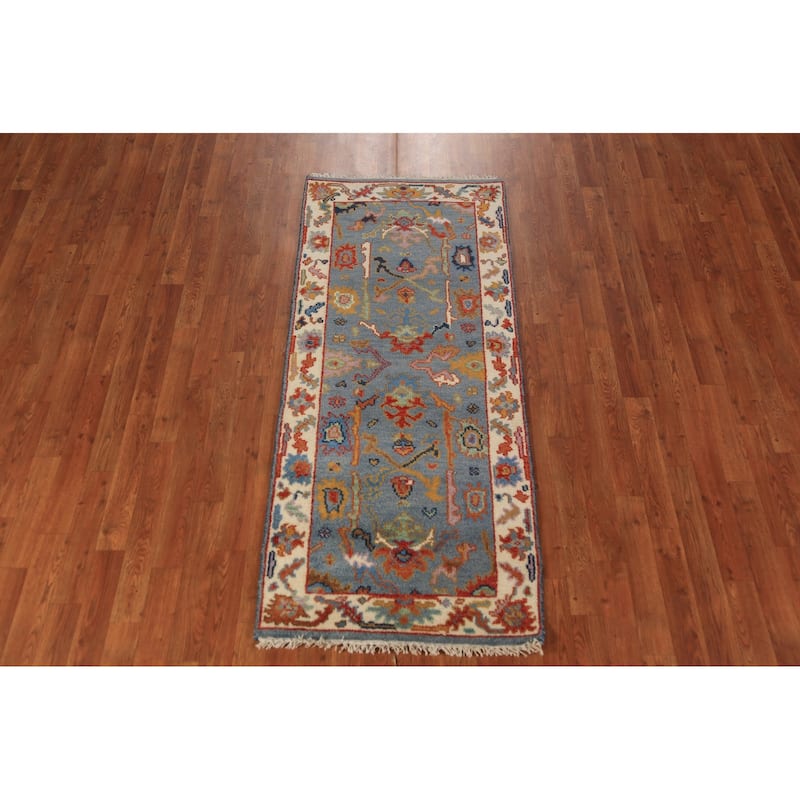 Blue Gray Floral Oushak Indian Foyer Rug Hand-Knotted Wool Carpet - 2'6"x 5'11"