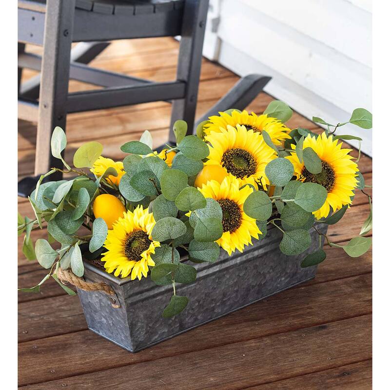 Faux Sunflower, Lemon and Eucalyptus Floral Arrangement in Metal Planter
