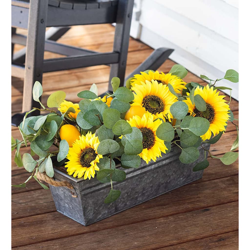 Faux Sunflower, Lemon and Eucalyptus Floral Arrangement in Metal Planter
