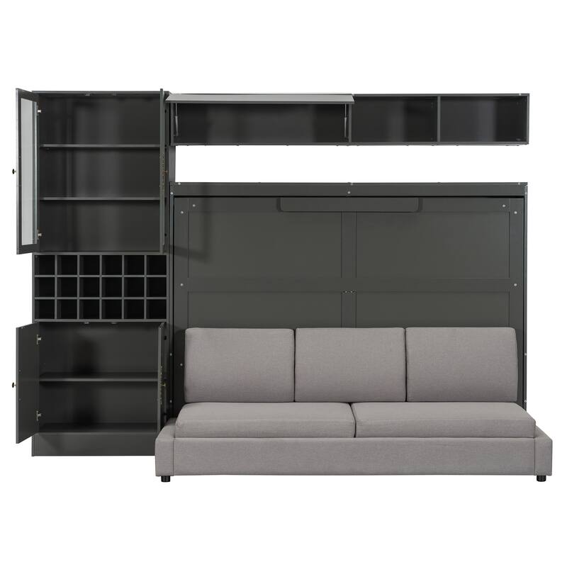 Space-Saving Full Size Murphy Bed with Sofa, Shelves, USB & Light in Gray