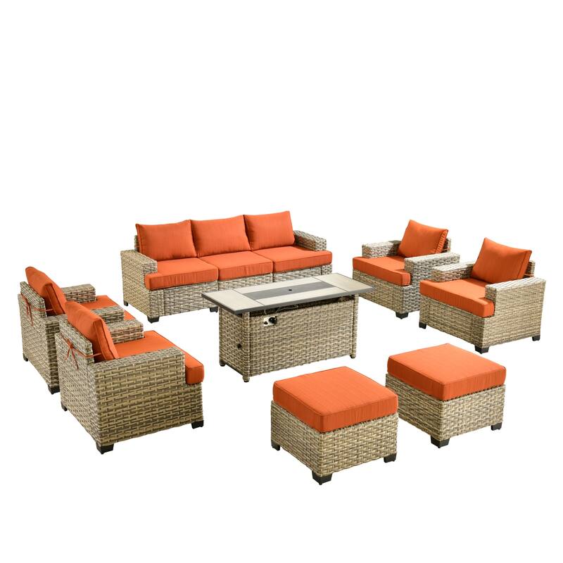 HOOOWOOO 10-piece Outdoor Wicker Wide Arm Patio Furniture Set with Fire Pit