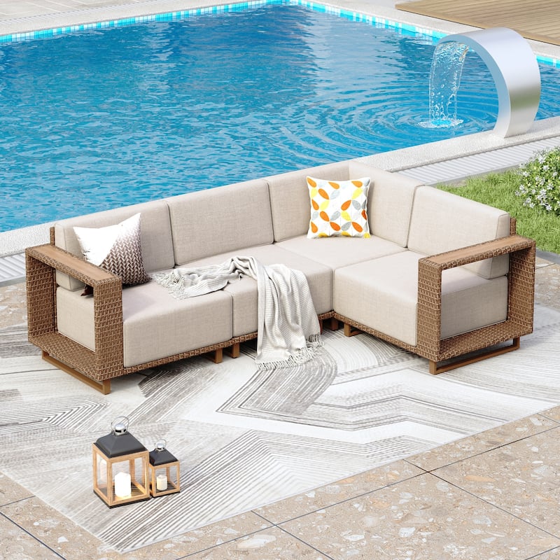 MAISON ARTS 6-Piece Modular Arc Rattan Sofa Set - Wide Armrests & Thick Cushions | Durable PE Wicker & Wood-Plastic. - A.