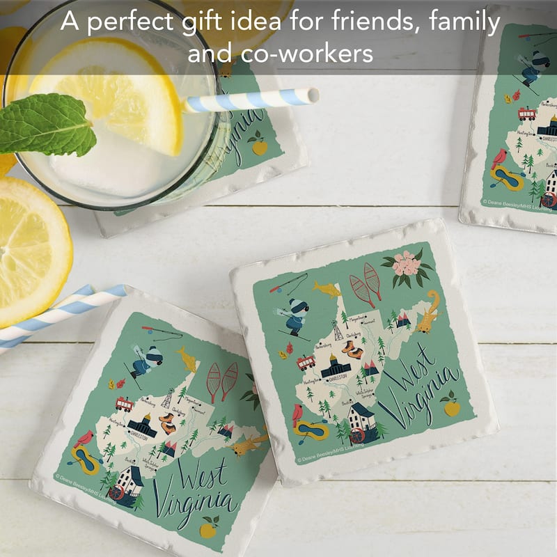 West Virginia Home 4-Pack Absorbent Stone Coasters with Protective Cork Backing 4" Square Made in The USA Easily Wipes Clean
