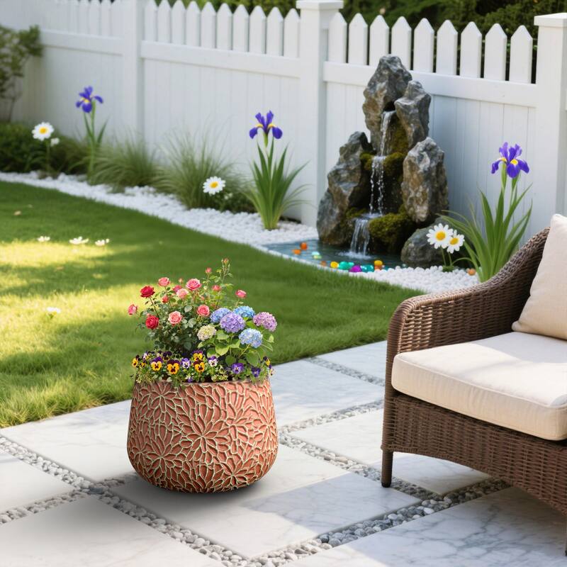 Concrete Tall Round Planter with Floral Pattern with Drainage Holes - 18 x 13.5