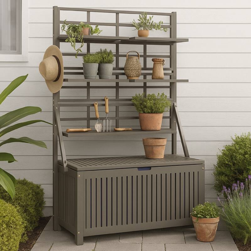 Garden Storage Box with Trellis, Shelves, Gray Acacia Wood, 63 Inch