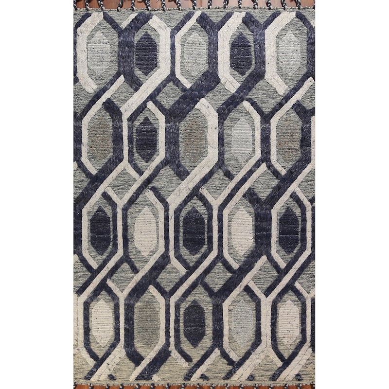 Modern Geometric Moroccan Area Rug Hand-Knotted Indian Wool Carpet - 5'1" x 8'3"