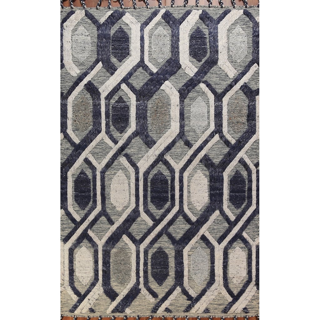 Modern Geometric Moroccan Area Rug Hand-Knotted Indian Wool Carpet - 5'1" x 8'3"