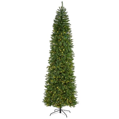 9' Slim Green Mountain Pine Artificial Christmas Tree, Warm Clear LED - 9 Foot