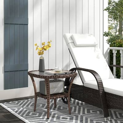 Hand-Woven Wicker Coffee Table,Wave Glass Top, Storage Shelf, Outdoor