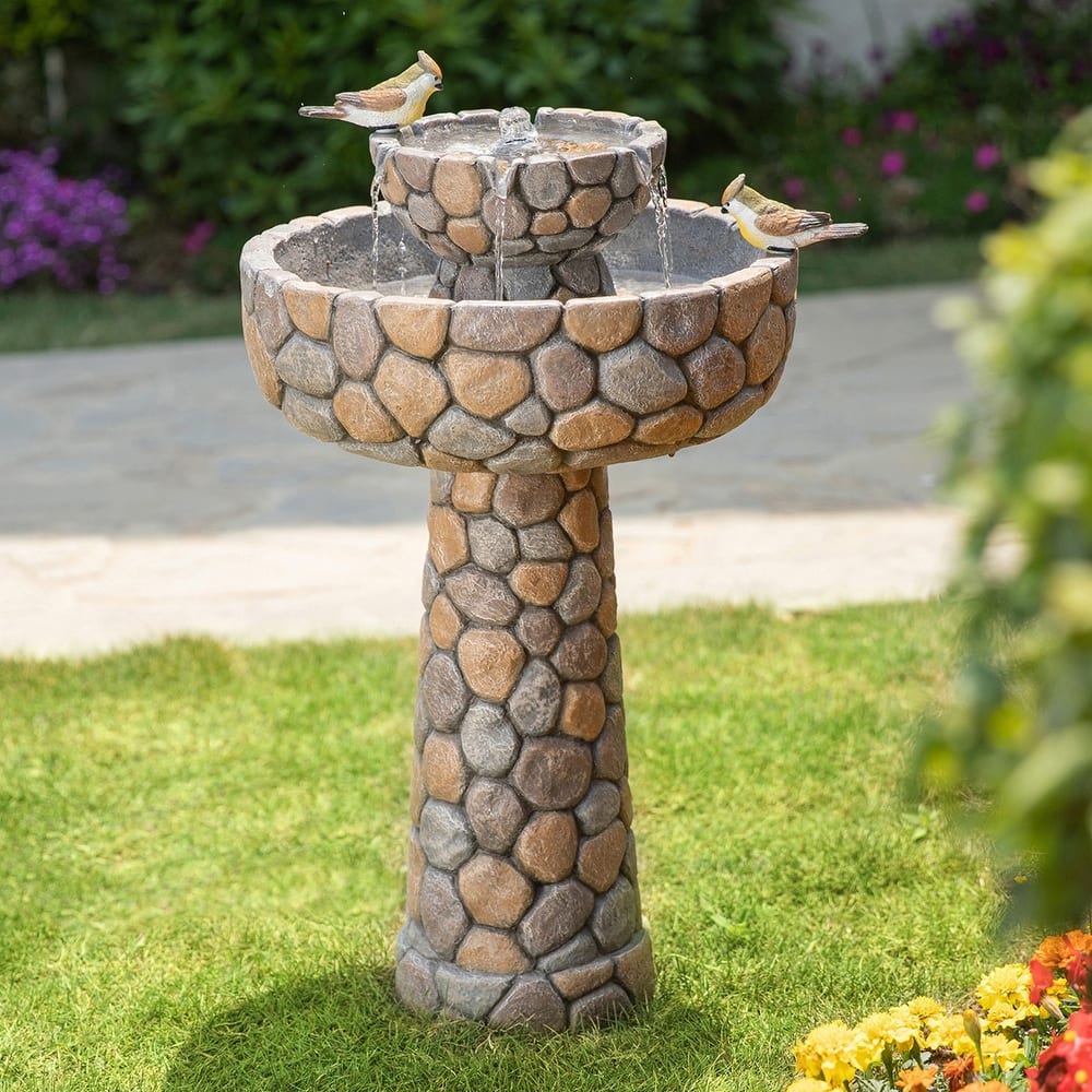 Glitzhome 24-inch Outdoor 2-tier Faux Pebbles Polyresin Birdbath Fountain with Pump