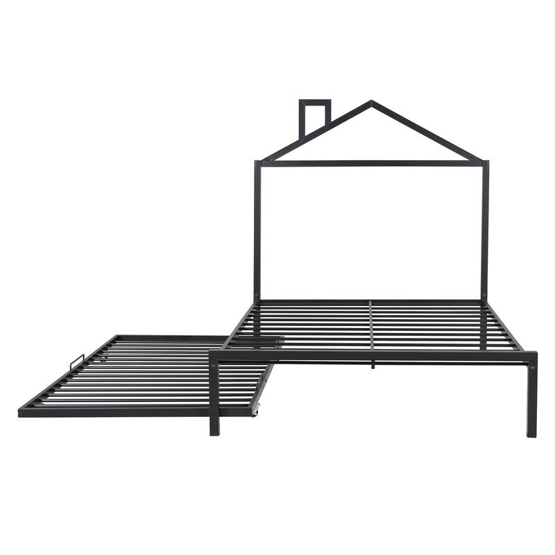 Metal Platform Bed with Twin Size Trundle,House-Shaped Headboard