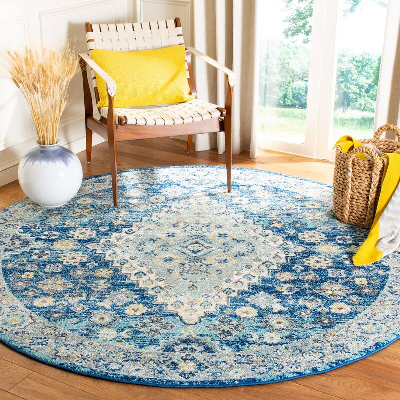SAFAVIEH Madison Vonda Vintage Boho Oriental Rug - 6'7" Round - Navy/Creme