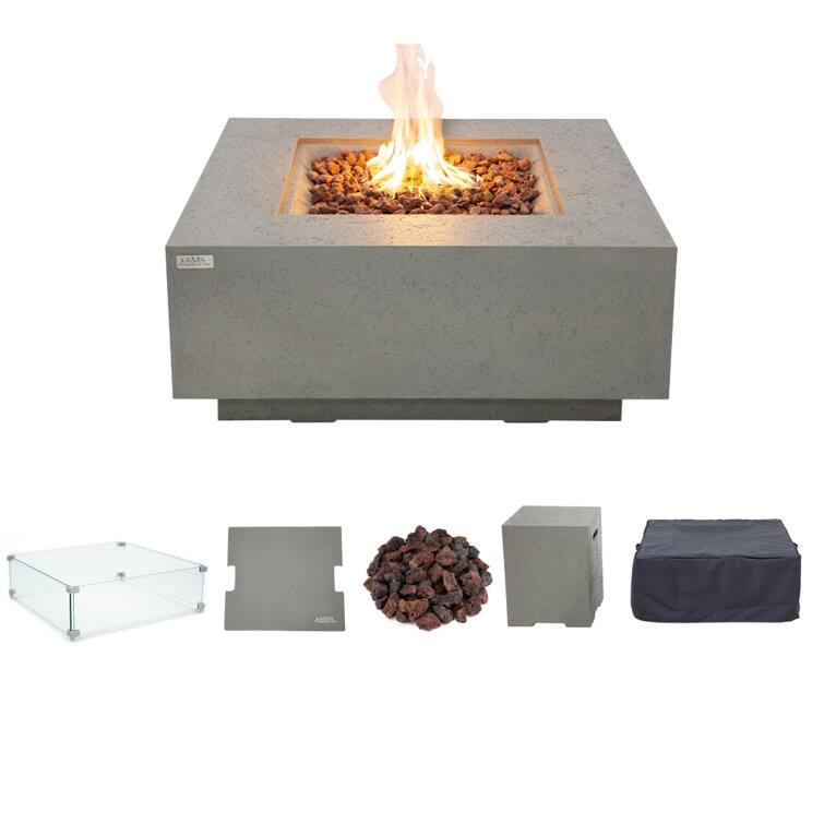 AMS Fireplace Brooklyn Travertine Fire Pit Bundle - 40" x 40" x 17" - Light Grey - Propane