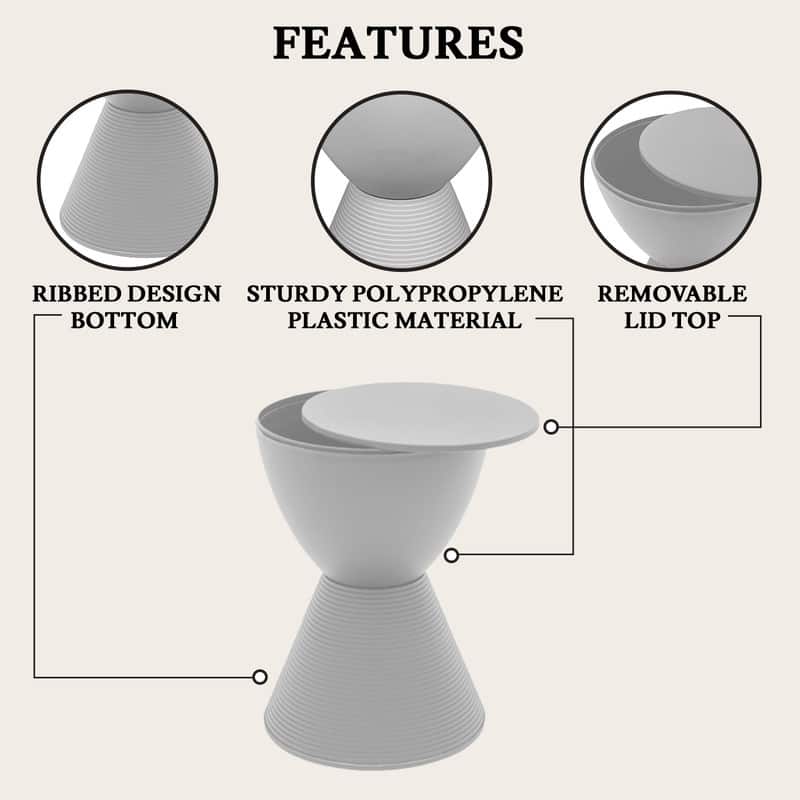 Boyd Modern Round Hourglass Polypropylene Drum Side Accent Table with Ribbed Design Base Storage for Indoor Outdoor Patio