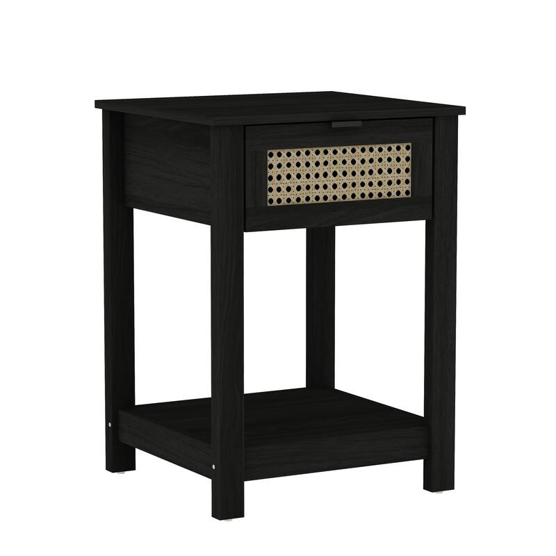 Idiana 1-Drawer Oak Nightstand Sidetable with Laminated Rattan (23.2 in. H x 16.5 in. W x 15.4 in. D)