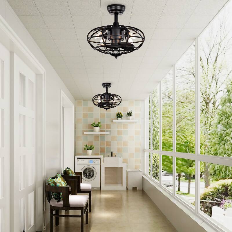 Cage Style Ceiling Fan Light with 3 Blades and Remote Control, Adjustable Fan Speed for Bedroom and Living Room