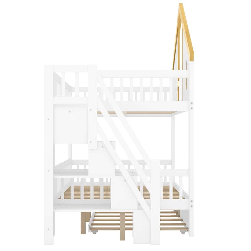 Wooden House Roof Bunk Bed with Trundle & Storage Staircase by Harper&Bright Designs