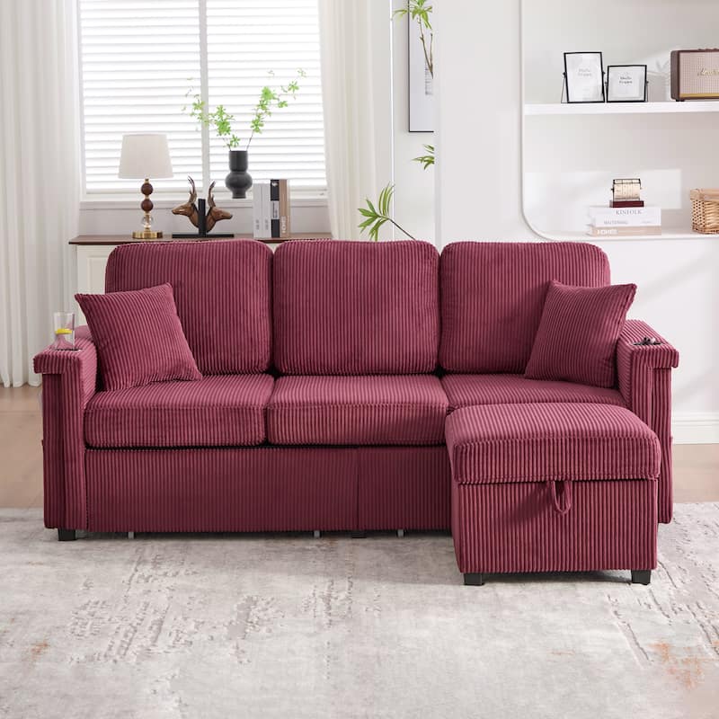 HOMEFUN Corduroy Upholstered L-shaped Pull-Out Storage Sectional Sofa with Storage Ottoman,USB Charging,Cup Holder - Wine Red