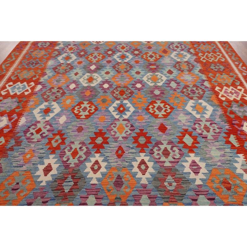 Hand Woven Oriental 100% Wool Carpet Southwestern All-Over Navy Blue & Blues Kilim Area Rug - 11' 10'' X 8' 5''