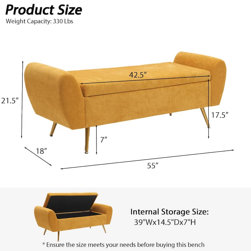 Upholstered 55"W Flip Top Storage Bench Bedroom Bench Modern End of Bed Bench for Entryway Hallway Window with Gold Legs